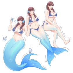 Rule 34 | 1girl, absurdres, barefoot, bikini, blue bikini, blush, breasts, brown eyes, brown hair, bubble, cleavage, collarbone, double v, fins, full body, groin, head fins, highres, kiria021, large breasts, long hair, looking at viewer, looking to the side, mermaid, monster girl, navel, original, parted lips, simple background, sitting, smile, swimsuit, transformation, v, white background