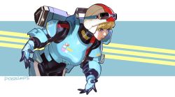 Rule 34 | animification, apex legends, armor, artist name, black bodysuit, blonde hair, blue eyes, blue gloves, bodysuit, gloves, goggles, goggles on headwear, helmet, highres, leaning forward, looking ahead, official alternate costume, passimo, wattson (apex legends), white headwear, wired for speed wattson