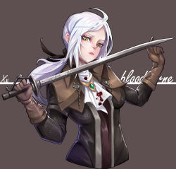 Rule 34 | 1girl, ahoge, blood, blood on clothes, bloodborne, brown background, gloves, hair ribbon, highres, holding, holding sword, holding weapon, jewelry, lady maria of the astral clocktower, looking at viewer, medium hair, parted lips, pink lips, ponytail, ribbon, signature, simple background, slit pupils, solo, sword, upper body, weapon, white hair, xiaxu1993, yellow eyes
