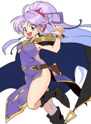 Rule 34 | 1girl, :d, betabetamaru, black footwear, boots, commentary request, dress, earrings, fire emblem, fire emblem: genealogy of the holy war, glowing, highres, jewelry, leg up, looking at viewer, nintendo, open mouth, pelvic curtain, purple dress, purple eyes, purple hair, side slit, simple background, sleeveless, sleeveless dress, smile, solo, tailtiu (fire emblem), white background