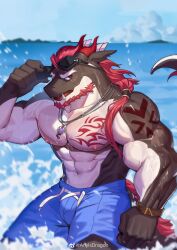 Rule 34 | 1boy, abs, absurdres, alternate costume, animal ears, artist request, bara, beard, blue male swimwear, bulge, chest tattoo, dragon (any), dragon boy, dragon ears, facial hair, feet out of frame, forked eyebrows, furry, furry male, goggles, goggles on head, hair over shoulder, highres, island, jewelry, large pectorals, male focus, male swimwear, mature male, muscular, muscular male, navel, nipples, ocean, original, pectorals, pendant, ponytail, red hair, scar, scar across eye, second-party source, solo, stomach, swim trunks, tattoo, thick eyebrows, topless male, v-taper, wet