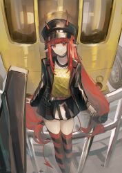 Rule 34 | 1girl, arknights, black skirt, demon girl, demon horns, fence, hat, hemorina, highres, horns, long hair, looking at viewer, outdoors, pointy ears, red eyes, red hair, skirt, solo, striped clothes, striped thighhighs, thighhighs, train, vigna (arknights), zettai ryouiki