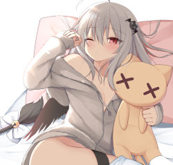 Rule 34 | 1girl, ahoge, bat hair ornament, bell, blush, breasts, collarbone, commentary request, frown, grey hair, grey jacket, hair ornament, hood, hooded jacket, jacket, kamu (geeenius), looking at viewer, medium breasts, no panties, hugging object, one eye closed, original, red eyes, ribbon, simple background, solo, tail, tail bell, tail ornament, thigh strap, white background, white ribbon