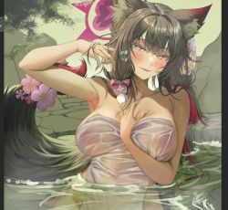 Rule 34 | 1girl, animal ear fluff, animal ears, armpits, black hair, blue archive, blush, bow, breasts, choko (cup), cleavage, collarbone, colored inner hair, covered erect nipples, cup, flower, fox ears, fox girl, fox tail, hair bow, hair flower, hair ornament, halo, highres, large breasts, long hair, looking at viewer, multicolored hair, nail polish, nompang, nude, onsen, partially submerged, red hair, smile, solo, tail, towel, two-tone hair, unfinished, wakamo (blue archive), water, wet, yellow eyes