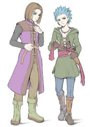 Rule 34 | 2boys, bad id, bad pixiv id, black shirt, blue eyes, blue hair, blue pants, boots, brown footwear, brown gloves, brown hair, brown pants, camus (dq11), closed mouth, collarbone, commentary, dagger, dragon quest, earrings, fingerless gloves, gloves, green robe, grey background, hero (dq11), highres, jewelry, knife, long sleeves, looking at viewer, male focus, mondi hl, multiple boys, necklace, pants, parted bangs, robe, shirt, short hair, simple background, smile, spiked hair, standing, weapon
