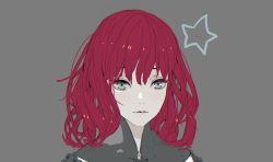 Rule 34 | 1girl, blue eyes, closed mouth, curly hair, d.k, devola, grey background, long hair, nier (series), red hair, simple background, solo, star (symbol), white background