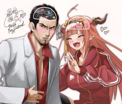 Rule 34 | 1boy, 1girl, ahoge, black hair, black hairband, black thighhighs, blonde hair, blunt bangs, blush, bow, breasts, closed eyes, commentary, diagonal-striped bow, dragon girl, dragon horns, english commentary, english text, facial hair, facing viewer, fangs, formal, goatee, hair intakes, hair slicked back, hairband, heart, highres, hololive, hood, hooded track jacket, horn bow, horn ornament, horns, jacket, kiryu coco, kiryu coco (loungewear), kiryu kazuma, large breasts, logo, long hair, long sleeves, looking at viewer, multicolored hair, official alternate costume, open clothes, open jacket, open mouth, orange hair, pointy ears, red jacket, red shirt, ryuu ga gotoku (series), shirt, short hair, sideburns, sidelocks, signature, simple background, skin fangs, streaked hair, striped, striped bow, stubble, suit, thighhighs, track jacket, upper body, virtual youtuber, w, white background, white suit, xiaoju xiaojie
