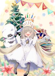 Rule 34 | .live, 1girl, absurdres, animal ears, blush, boots, brown hair, cake hat, christmas, christmas tree, dog, closed eyes, full body, gift, gloves, happy birthday, hat, highres, long hair, merry milk, sheep ears, standing, tanabata stew, virtual youtuber