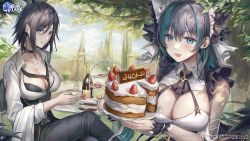 Rule 34 | 2girls, absurdres, aibek, animal ears, ark royal (azur lane), ark royal (cafe lookout) (azur lane), arm garter, azur lane, black bra, black choker, black hair, black pants, blue eyes, blue hair, blush, bow, bra, breasts, cake, center opening, chair, cheshire (azur lane), choker, cleavage, collarbone, collared shirt, commentary, cookie, copyright name, crescent, crescent pin, crossed legs, cup, day, dress, english commentary, fake animal ears, feet out of frame, food, fruit, glint, hair between eyes, hair bow, hair intakes, highres, holding, holding cake, holding cup, holding food, large breasts, lemon, lemon slice, logo, long hair, looking at viewer, macaron, medium breasts, medium hair, milestone celebration, multicolored hair, multiple girls, official alternate costume, official art, open mouth, outdoors, pants, parted lips, second-party source, shirt, sitting, sleeveless, sleeveless dress, smile, strawberry, streaked hair, table, teacup, tiered tray, tree, two-tone hair, underwear, upper body, watermark, whipped cream, white shirt, wing collar, wrist cuffs