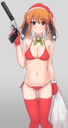 Rule 34 | 1girl, bell, bikini, black ribbon, blue eyes, breasts, christmas, cleavage, closed mouth, collar, commentary, detached collar, english commentary, gloves, grey background, gun, handgun, hat, highres, holding, holding gun, holding sack, holding weapon, leotard, looking at viewer, lyrical nanoha, mahou shoujo lyrical nanoha strikers, medium breasts, medium hair, navel, orange hair, p7, petag2, red gloves, red hat, ribbon, sack, santa bikini, santa hat, side-tie bikini bottom, smile, solo, standing, string bikini, suppressor, swimsuit, teana lanster, thigh gap, thighhighs, trigger discipline, twintails, weapon, white collar, wing collar