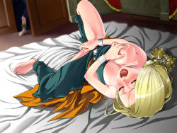 Rule 34 | 1girl, bare shoulders, barefoot, bed, belt, bianca (dq5), blonde hair, blush, braid, grabbing another&#039;s breast, breasts, closed eyes, door, dragon quest, dragon quest v, dress, feet, grabbing, grabbing own breast, green dress, highres, indoors, legs, long braid, long hair, lying, masturbation, medium breasts, moaning, no bra, no panties, on bed, one breast out, open mouth, saliva, single braid, solo focus, spread legs, strapless, sweat, thighs, toes, vermilion, voyeurism