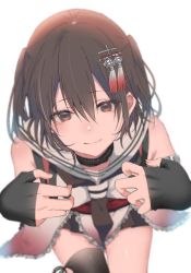 Rule 34 | 1girl, asymmetrical legwear, black gloves, black skirt, blurry, brown eyes, brown hair, cowboy shot, depth of field, elbow gloves, fingerless gloves, from above, gloves, hair between eyes, hair ornament, kantai collection, looking at viewer, pov, rinto (rint rnt), scarf, sendai (kancolle), sendai kai ni (kancolle), short hair, simple background, single thighhigh, skirt, solo, thighhighs, two side up, uneven legwear, white background, white scarf