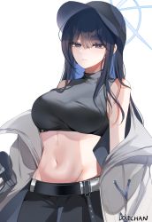 Rule 34 | 1girl, absurdres, artist name, bare shoulders, baseball cap, belt, belt buckle, black belt, black hair, black hat, black pants, black shirt, blue archive, blue eyes, blue hair, breasts, bright pupils, buckle, closed mouth, cowboy shot, crop top, dolechan, duplicate, expressionless, groin, gun, hat, highres, holding, holding weapon, jacket, large breasts, long hair, looking at viewer, midriff, multicolored hair, navel, off shoulder, open clothes, open jacket, pants, revision, saori (blue archive), shirt, simple background, sleeveless, sleeveless shirt, solo, stomach, turtleneck, two-tone hair, weapon, white background, white jacket, white pupils