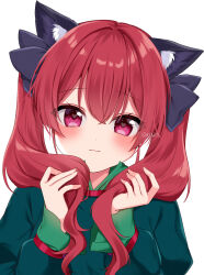 Rule 34 | 1girl, alternate hairstyle, animal ears, blush, cat ears, closed mouth, hands in hair, heart, heart-shaped pupils, highres, kaenbyou rin, long hair, looking at viewer, red eyes, red hair, shinonome asu, simple background, solo, symbol-shaped pupils, touhou, twintails, twitter username, upper body, white background
