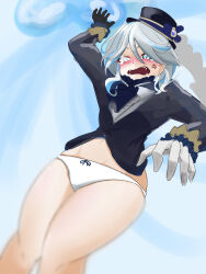 Rule 34 | 1girl, anger vein, artist request, blue eyes, blue hair, blush, coat, embarrassed, furina (genshin impact), genshin impact, gloves, hat, heterochromia, highres, looking down, multicolored hair, no pants, open mouth, panties, short hair, solo, tears, underwear, white eyes, white hair