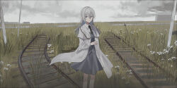 Rule 34 | 1girl, absurdres, black necktie, blue eyes, chihuri, closed mouth, cloud, cloudy sky, collared shirt, commentary request, ende (chihuri), feet out of frame, flower, grass, grey hair, grey skirt, grey vest, hair between eyes, highres, jacket, long hair, long sleeves, looking at viewer, necktie, open clothes, open jacket, original, outdoors, railroad tracks, shirt, skirt, sky, smile, solo, standing, vest, white flower, white jacket, white shirt