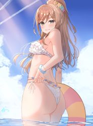 Rule 34 | 1girl, ass, ass focus, bang dream!, bikini, blush, breasts, commission, commissioner upload, from behind, grey eyes, highres, imai lisa, innertube, kuwahara taiki, long hair, looking at viewer, ponytail, sideboob, skeb commission, solo, swim ring, swimsuit, water, wedgie