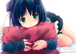 Rule 34 | 1girl, animal ears, blue hair, dog ears, frilled pillow, frills, green eyes, looking at viewer, lying, mapuru, hugging object, on side, original, pillow, pillow hug, short hair, solo, sweater
