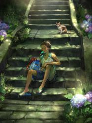 Rule 34 | 1boy, absurdres, bag, black hair, blue shorts, cat, dappled sunlight, day, eating, flower, food, grass, highres, hydrangea, ida rintarou, looking at viewer, male focus, mouth hold, original, popsicle, sandals, scenery, shorts, sleeveless, stairs, sunlight, sweatdrop