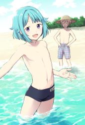Rule 34 | 10s, 2boys, :d, androgynous, beach, blonde hair, blue hair, blue jammers, blue male swimwear, blush, closed eyes, coeda, ensemble stars!, hands on own hips, hat, highres, jammers, looking at viewer, male focus, male school swimsuit, male swimwear, mashiro tomoya, multicolored clothes, multicolored male swimwear, multicolored swim trunks, multicolored swimsuit, multiple boys, name tag, navel, no nipples, ocean, open mouth, pink male swimwear, plaid, plaid male swimwear, plaid swim trunks, print male swimwear, print swim trunks, print swimsuit, purple eyes, sand, shino hajime, smile, sparkle, straw hat, sun hat, sweat, swim trunks, swimsuit, topless male, tree, wading