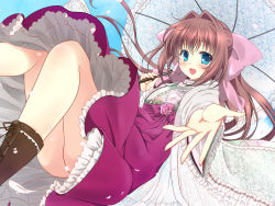 Rule 34 | :d, asakura otome, blue eyes, blue sky, blush, boots, bow, breasts, brown footwear, brown hair, commentary request, da capo, da capo ii, dutch angle, floating hair, hair between eyes, hair bow, hair intakes, highres, holding, holding umbrella, kayura yuka, layered skirt, long hair, long sleeves, looking at viewer, open mouth, pink bow, purple skirt, reaching, reaching towards viewer, sidelocks, skirt, sky, small breasts, smile, solo, umbrella, wide sleeves