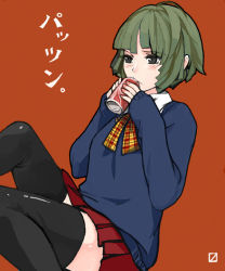 Rule 34 | 1girl, black thighhighs, can, drink can, green hair, grey eyes, nail polish, orange background, pink nails, pleated skirt, pupps, school uniform, short hair, simple background, sitting, skirt, soda can, solo, sweater, thighhighs, zettai ryouiki