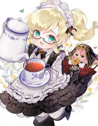Rule 34 | 2girls, apron, black bow, black bowtie, black dress, black footwear, black veil, blonde hair, bow, bowtie, cookie, cup, dress, eating, eyebrows hidden by hair, feet out of frame, final fantasy, final fantasy xiv, food, frilled apron, frilled dress, frills, glass, glasses, gold trim, green eyes, hair between eyes, heart, highres, holding, holding cookie, holding cup, holding food, holding teapot, lalafell, looking at another, looking at viewer, maid, maid apron, maid headdress, mini person, minigirl, multiple girls, musical note, necromancer (final fantasy), open mouth, pantyhose, pink hair, ponytail, pouring, short hair, smile, spoken musical note, teacup, teapot, veil, warrior of light (ff14), white pantyhose, yukimiya yuge