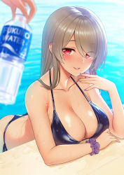 Rule 34 | 1girl, 1other, arched back, bare shoulders, bikini, black bikini, blue nails, blush, bottle, breasts, brown hair, cleavage, commentary request, eyes visible through hair, fukuro daizi, hair over one eye, halterneck, hand on own chin, highres, holding, holding bottle, honkai (series), honkai impact 3rd, large breasts, light brown hair, long hair, looking at viewer, mole, mole under eye, nail polish, parted lips, pool, pov, rita rossweisse, scrunchie, short hair, side-tie bikini bottom, skindentation, smile, solo, solo focus, string bikini, swimsuit, water, wet, wet hair, wrist scrunchie