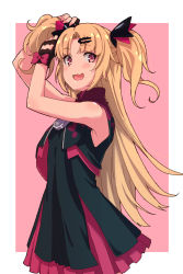 Rule 34 | 1girl, :d, absurdres, adjusting hair, akatsuki uni, armpits, arms up, bare arms, bare shoulders, black dress, black gloves, blonde hair, blush, bow, commentary request, cowboy shot, cropped vest, dress, fang, fingerless gloves, gloves, hair ornament, hairclip, highres, karahai (31448823), long hair, looking at viewer, open mouth, parted bangs, red bow, red eyes, sidelocks, sleeveless, sleeveless dress, smile, solo, two side up, uni create, vest, virtual youtuber