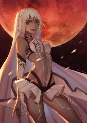 Rule 34 | 1girl, absurdres, altera (fate), bare shoulders, breasts, dark-skinned female, dark skin, detached sleeves, fangs, fate/extella, fate/extra, fate (series), highres, lips, long hair, looking at viewer, medium breasts, midriff, moon, navel, open mouth, red eyes, red moon, smile, solo, v-shaped eyebrows, veil, white hair