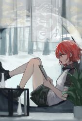 Rule 34 | 1girl, absurdres, arknights, black footwear, black jacket, commentary, exusiai (arknights), full body, highres, holding, jacket, knees up, pen in mouth, plant, potted plant, raglan sleeves, red hair, shijiubashuazi, short hair, short sleeves, sitting, solo, vase, white jacket, yellow eyes
