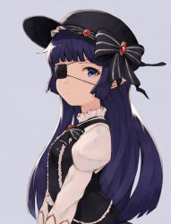 Rule 34 | 1girl, absurdres, bad id, bad pixiv id, black bow, black dress, black hat, black neckwear, blue eyes, blue hair, blunt bangs, bow, closed mouth, commentary request, dress, eyepatch, frilled dress, frills, from side, gothic lolita, granblue fantasy, hair bow, hat, highres, juliet sleeves, koretsuki azuma, lolita fashion, long hair, long sleeves, looking at viewer, lunalu (granblue fantasy), one eye covered, pointy ears, puffy sleeves, solo, striped, striped bow, very long hair