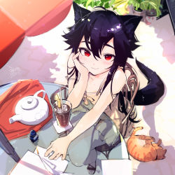 Rule 34 | 1girl, animal, animal ears, arm support, black hair, cat, head rest, day, dress, ejami, ekko (ejami), fox ears, fox girl, fox tail, full body, ice, ice cube, iced tea, ink bottle, crossed legs, long hair, looking at viewer, original, outdoors, paper, parasol, plant, potted plant, quill, red eyes, sandals, sitting, sleeveless, sleeveless dress, smile, strap slip, table, tail, tea, teapot, umbrella
