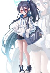 Rule 34 | &lt;key&gt; (blue archive), 2girls, absurdly long hair, absurdres, aris (blue archive), black hair, black shorts, blue archive, blue eyes, blush, closed mouth, deriolet, highres, hood, hoodie, long hair, multiple girls, projected inset, red eyes, shoes, shorts, signature, simple background, very long hair, white background, white hoodie