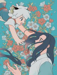 Rule 34 | 2boys, animal ears, aqua background, black hair, cat boy, cat ears, floating hair, floral background, flower, hand up, highres, leaf, long hair, low-tied long hair, luo xiaohei, luo xiaohei (human), luo xiaohei zhanji, multiple boys, open mouth, plant, profile, red flower, short hair, short sleeves, sirakaro, smile, white flower, white hair, wuxian (the legend of luoxiaohei)