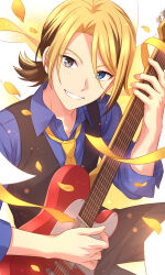 Rule 34 | 1boy, absurdres, black eyes, black vest, blonde hair, blue eyes, blue shirt, brown hair, collared shirt, commentary request, electric guitar, guitar, helios rising heroes, heterochromia, highres, holding, holding instrument, instrument, leonard wright jr., long sleeves, looking at viewer, male focus, multicolored hair, necktie, open collar, ribbon, sekina, shirt, sleeves past elbows, smile, solo, teeth, two-tone hair, vest, yellow necktie, yellow ribbon