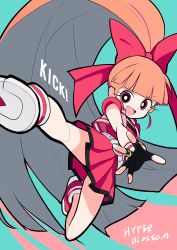 Rule 34 | !, 1girl, :d, absurdres, belt, blossom (ppg), blunt bangs, bow, character name, dress, english text, fingerless gloves, full body, gloves, hair bow, highres, kicking, legs, long hair, looking at viewer, open mouth, orange hair, pleated dress, pleated skirt, ponytail, powerpuff girls, red bow, red eyes, short sleeves, skirt, smile, solo, text focus, very long hair, vest