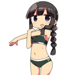 Rule 34 | 10s, 1girl, :d, alternate costume, bare arms, bare shoulders, bike shorts, black hair, blunt bangs, braid, commentary request, cowboy shot, jpeg artifacts, kanikama, kantai collection, kitakami (kancolle), long hair, looking at viewer, midriff, navel, open mouth, simple background, single braid, smile, solo, sports bikini, sports bra, sportswear, stretching, white background