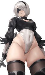 Rule 34 | 1girl, 2b (nier:automata), absurdres, ass, black blindfold, black hairband, black thighhighs, blindfold, bob cut, breasts, cameltoe, closed mouth, covered navel, curvy, feather-trimmed sleeves, from below, gloves, gluteal fold, grey hair, groin, hairband, highleg, highleg leotard, highres, holding, holding sword, holding weapon, huge ass, juliet sleeves, katana, kurone rinka, leotard, lips, long sleeves, medium breasts, mole, mole under mouth, nier:automata, nier (series), puffy sleeves, shiny skin, short hair, simple background, skindentation, solo, sword, thighhighs, thighs, thong leotard, weapon, white background, white hair, white leotard, wide hips