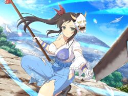 Rule 34 | 1girl, armor, blue bow, blue hakama, blue sky, blush, boots, bow, breasts, brown hair, cleavage, cleaver, cliff, cloud, day, dual wielding, energy, floral print, forest, frilled kimono, frills, gloves, green eyes, grey footwear, hakama, hannya, hip vent, holding, holding polearm, holding weapon, japanese armor, japanese clothes, kimono, kneeling, kote, large breasts, leaf, light particles, mask, mask on head, mountain, mountainous horizon, muneate, murakumo (senran kagura), nature, obi, official alternate costume, official art, on one knee, oni mask, outdoors, polearm, ribbon, sash, senran kagura, senran kagura new link, senran kagura shinovi versus, side ponytail, sky, solo, sparkle, spear, torn clothes, torn hakama, torn kimono, tree, waist bow, weapon, white gloves, white kimono, yaegashi nan