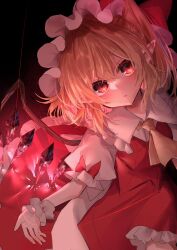 Rule 34 | 1girl, :/, ascot, blonde hair, crystal, flandre scarlet, hat, highres, mob cap, one side up, parted lips, pointy ears, puffy short sleeves, puffy sleeves, red eyes, red vest, rori82li, short sleeves, skirt, solo, touhou, vest, white hat, wings, wrist cuffs, yellow ascot