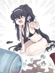 Rule 34 | 1girl, bikini, black bikini, black hair, blue archive, breasts, commentary request, crossed arms, full body, grey eyes, hairband, halo, halterneck, highres, kneeling, long hair, o-ring, o-ring bikini, official alternate costume, open mouth, pearlgang e, ponytail, purple hairband, reaching, reaching towards viewer, sandals, unworn sandals, sidelocks, simple background, small breasts, solo, spilling, swimsuit, tearing up, teeth, ui (blue archive), ui (swimsuit) (blue archive), upper teeth only, very long hair, white background, yellow halo