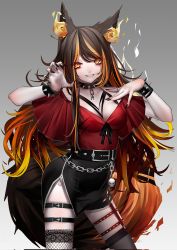 Rule 34 | 1girl, animal ears, belt, black belt, black nails, bracelet, breasts, brown hair, chain, collar, commission, doryudory, fangs, hand on own chest, highres, indie virtual youtuber, jewelry, large breasts, leaning to the side, long hair, multicolored hair, nail polish, off-shoulder shirt, off shoulder, open hand, orange hair, red shirt, red skirt, second-party source, shirt, sinder (vtuber), sinder (vtuber) (1st costume), skeb commission, skirt, solo, spiked bracelet, spiked collar, spikes, streaked hair, tail, thigh strap, thighhighs, virtual youtuber, wolf ears, wolf girl, wolf tail