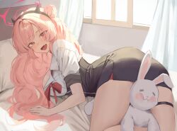 Rule 34 | 1girl, absurdres, bed, black skirt, blue archive, breasts, double bun, fang, hair bun, halo, highres, indoors, kirara (blue archive), large breasts, long hair, looking at viewer, namtaehyeon1234, open mouth, pillow, pink eyes, pink hair, pink halo, shirt, short sleeves, skirt, smile, solo, stuffed animal, stuffed rabbit, stuffed toy, thigh strap, white shirt, window