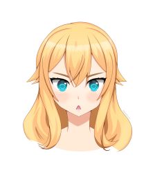 Rule 34 | 1girl, absurdres, blonde hair, blue eyes, commentary, english commentary, hair between eyes, head only, highres, hoshino char, looking at viewer, open mouth, solo, speedypotato, triangle mouth, tsunderia, v-shaped eyebrows, virtual youtuber
