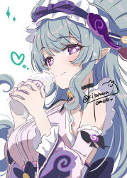 1girl blue_hair bottle closed_mouth commentary_request detached_sleeves frilled_hairband frilled_sleeves frills genshin_impact hairband heart holding holding_bottle kitahara_tomoe_(kitahara_koubou) long_hair long_sleeves pointy_ears purple_eyes sleeveless smile solo upper_body yumemizuki_mizuki