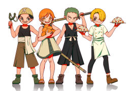 Rule 34 | 1girl, 3boys, aged down, bandana, black eyes, black hair, blonde hair, bokken, chef, child, closed mouth, commentary, curly eyebrows, dual wielding, food, fruit, full body, green hair, hair over one eye, highres, holding, holding food, holding fruit, holding weapon, male focus, mandarin orange, multiple boys, mygiorni, nami (one piece), one eye covered, one piece, open mouth, orange eyes, orange hair, plate, roronoa zoro, sanji (one piece), short hair, simple background, smile, standing, sword, teeth, uniform, usopp, weapon, white background, wooden sword