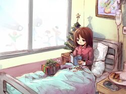 Rule 34 | 1girl, bed, blue eyes, blush, book, brown hair, candy, candy cane, cellphone, christmas, christmas present, christmas tree, commentary, english commentary, food, gift, holding, holding book, hospital, hospital bed, indoors, intravenous drip, long hair, long sleeves, original, painting (object), phone, plate, purdoy25, reading, solo focus, window