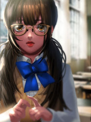 Rule 34 | 1girl, absurdres, bad id, bad pixiv id, blue bow, blurry, blurry background, bow, brown-framed eyewear, brown eyes, brown hair, classroom, day, eunjya4632, glasses, highres, long hair, looking at viewer, mole, mole under eye, original, school uniform, sweater vest, symbol-only commentary, twintails, upper body, vest