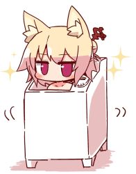 Rule 34 | 1girl, animal ear fluff, animal ears, bare shoulders, bathing, blonde hair, blush, borrowed character, collarbone, commentary, folded ponytail, fox ears, fox girl, hair bun, hair ornament, hair stick, half updo, highres, in container, jaggy lines, jitome, kemomimi-chan (naga u), looking at viewer, motion lines, naga u (style), nude, original, parody, red eyes, sanzui, shadow, sidelocks, simple background, single hair bun, solo, sparkle, style parody, top-load washing machine, washing machine, white background